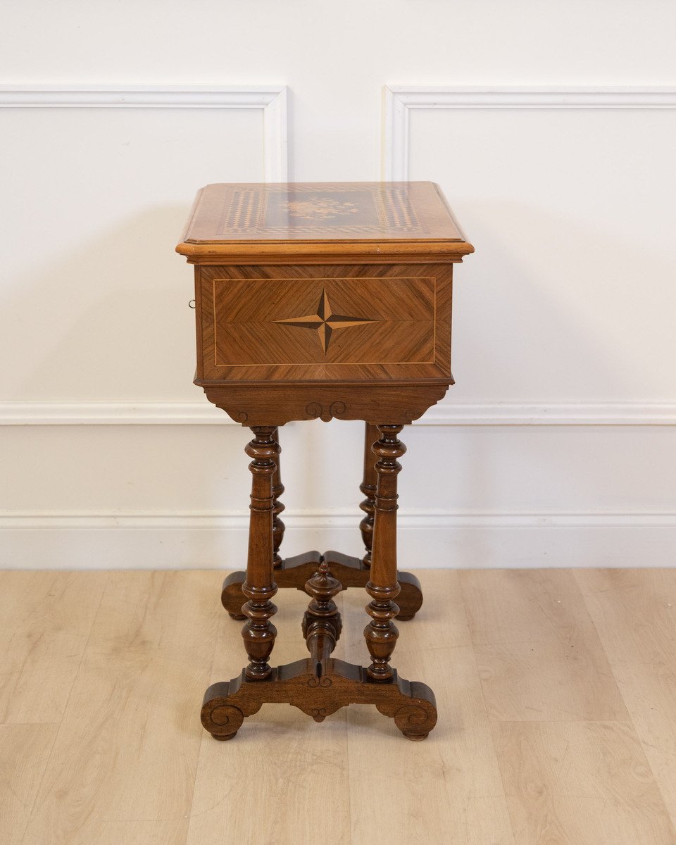 Late 19th Century Walnut Work Table with Floral Marquetry and Lift-Top Storage - JAA