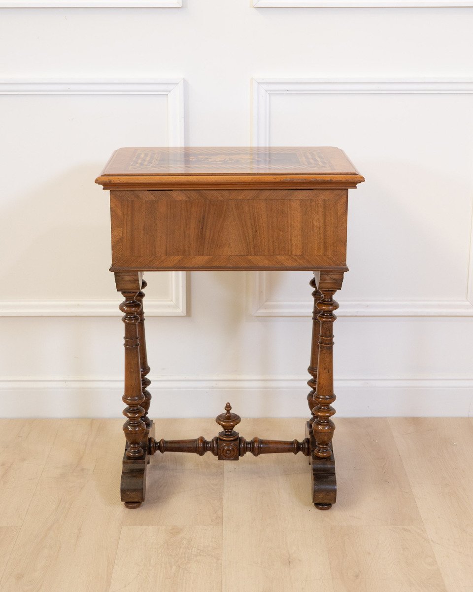 Late 19th Century Walnut Work Table with Floral Marquetry and Lift-Top Storage - JAA