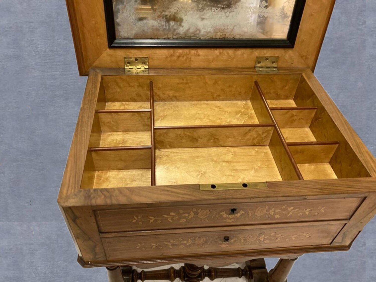 Late 19th Century Walnut Work Table with Floral Marquetry and Lift-Top Storage - JAA