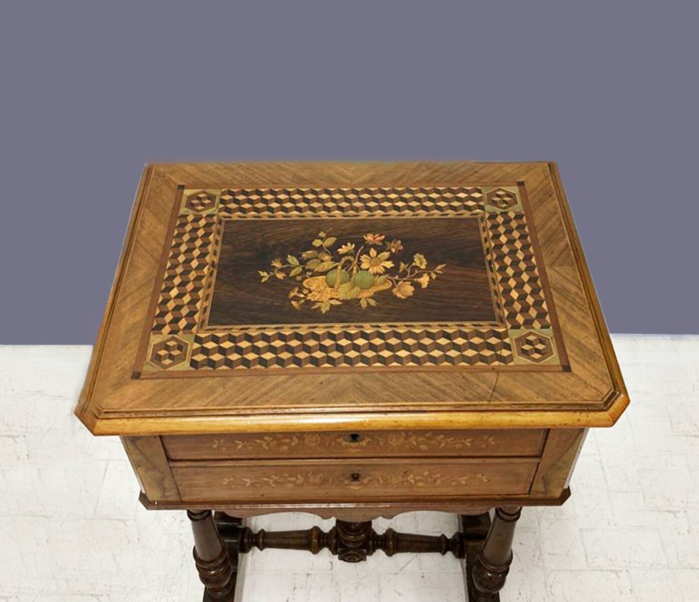 Late 19th Century Walnut Work Table with Floral Marquetry and Lift-Top Storage - JAA