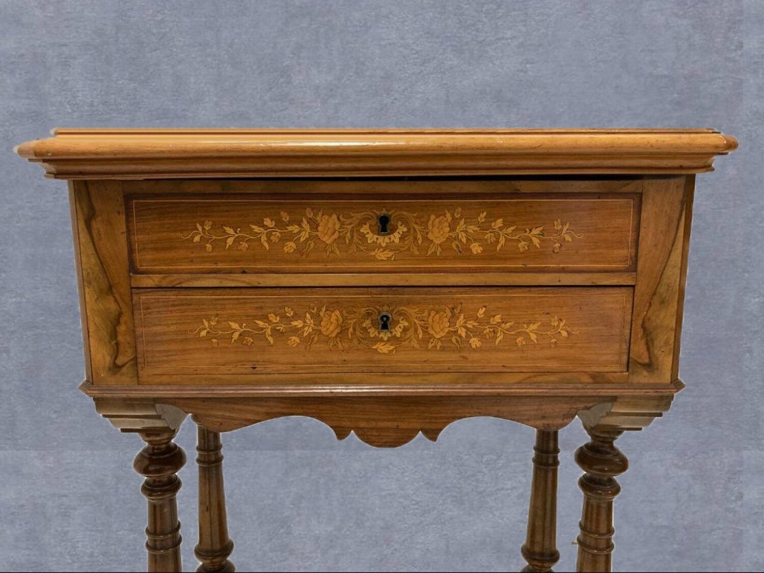 Late 19th Century Walnut Work Table with Floral Marquetry and Lift-Top Storage - JAA