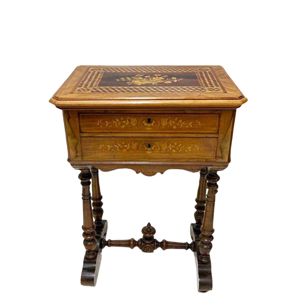 Late 19th Century Walnut Work Table with Floral Marquetry and Lift-Top Storage - JAA