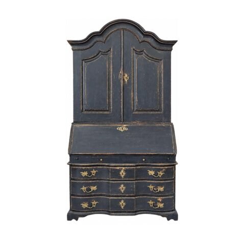 Scandinavian Baroque Style Secretary in Black Paint with Bonnet Top
