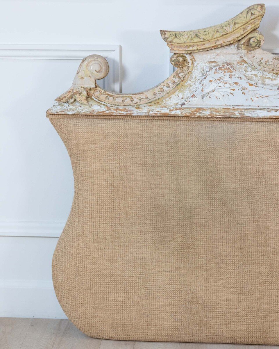 French Rococo Style Carved Architectural Fragment Repurposed as an Upholstered Headboard - JAA