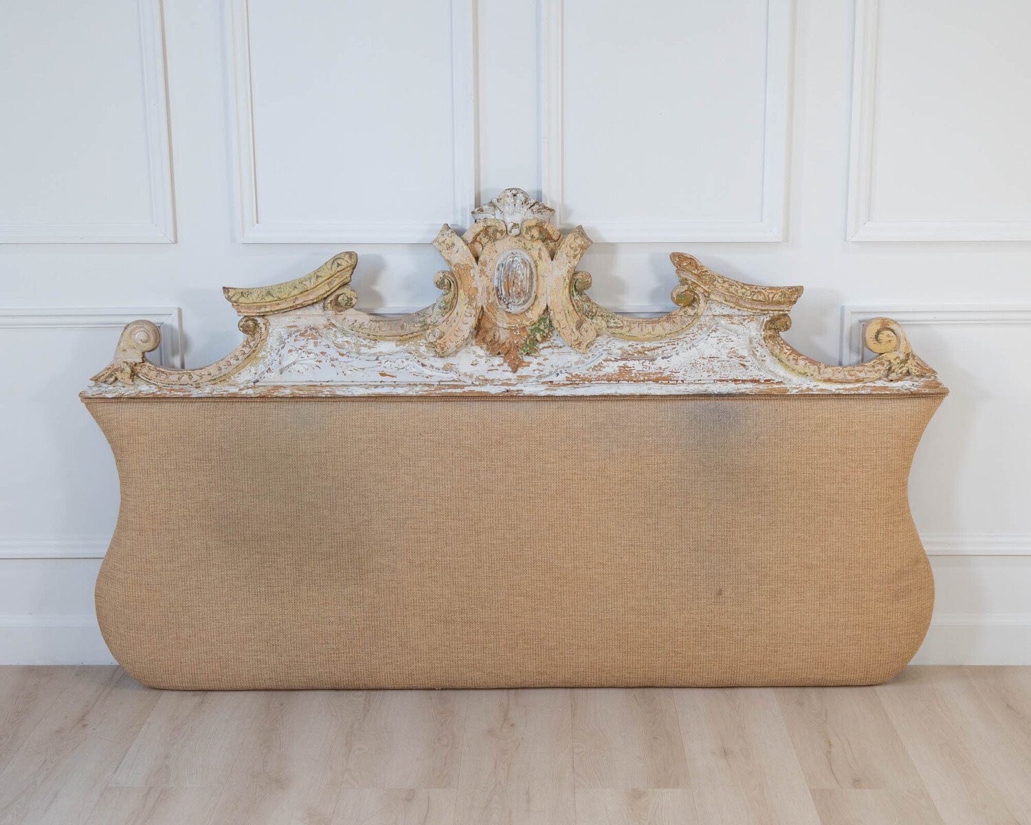 French Rococo Style Carved Architectural Fragment Repurposed as an Upholstered Headboard - JAA