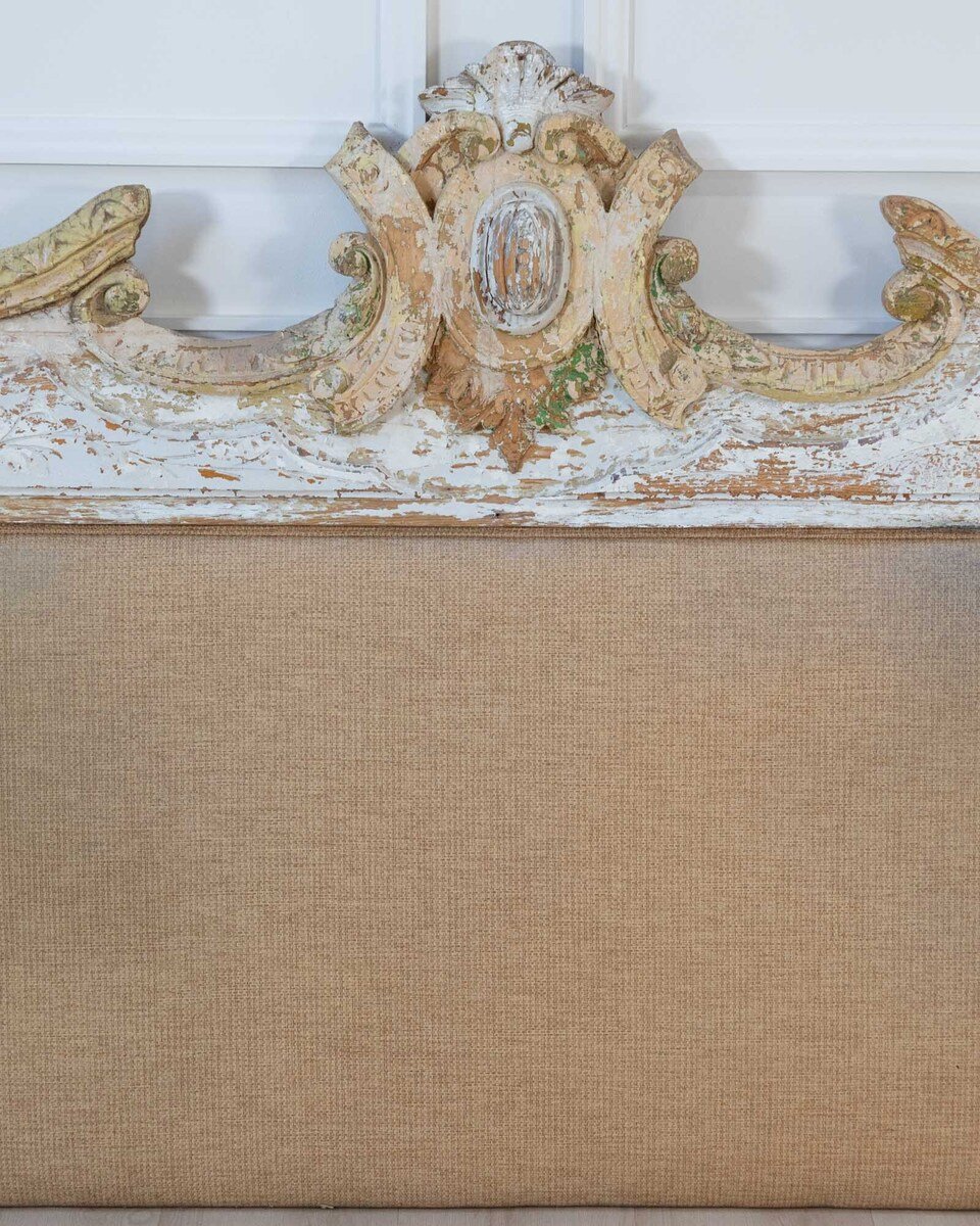 French Rococo Style Carved Architectural Fragment Repurposed as an Upholstered Headboard - JAA