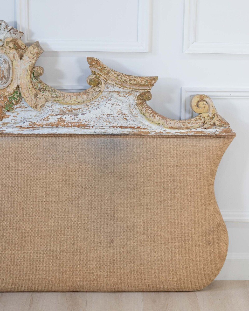 French Rococo Style Carved Architectural Fragment Repurposed as an Upholstered Headboard - JAA