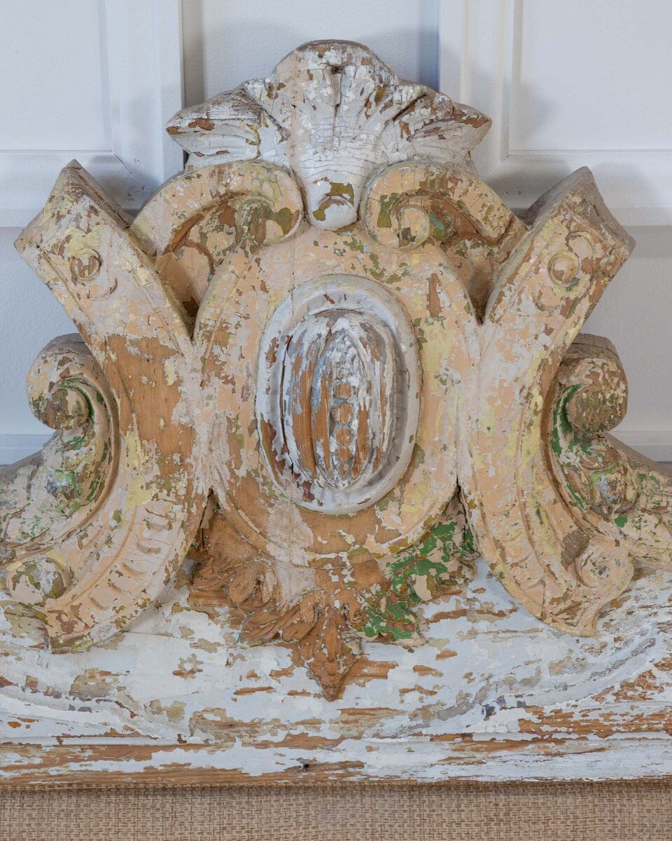 French Rococo Style Carved Architectural Fragment Repurposed as an Upholstered Headboard - JAA