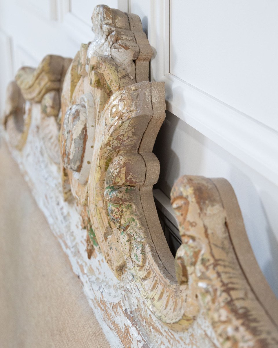 French Rococo Style Carved Architectural Fragment Repurposed as an Upholstered Headboard - JAA