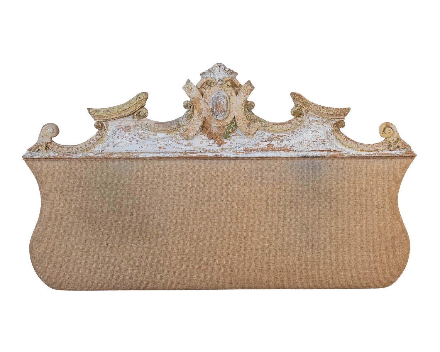 French Rococo Style Carved Architectural Fragment Repurposed as an Upholstered Headboard
