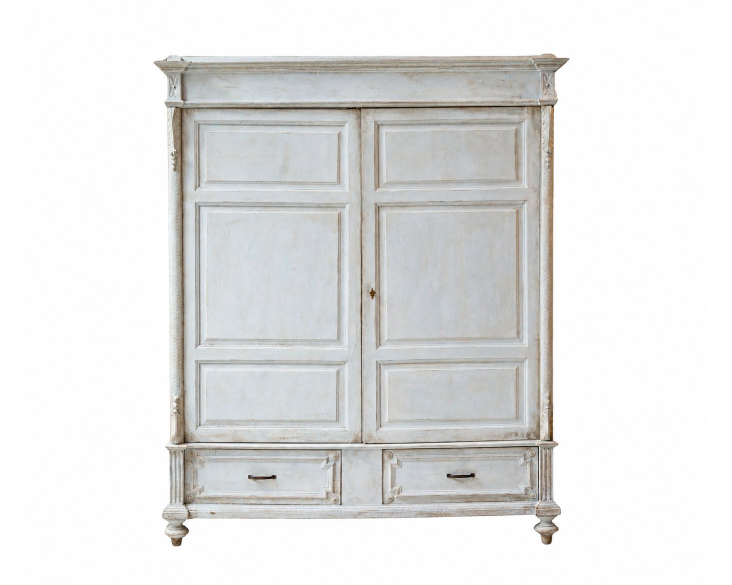 Italian 19th Century Tuscan Blue Painted Wardrobe with Carved Floral Corner Motifs and Lower Drawers
