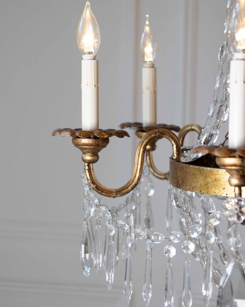 20th-Century Gilt-Iron Six-Light Basket Chandelier with Crystal Drops - JAA