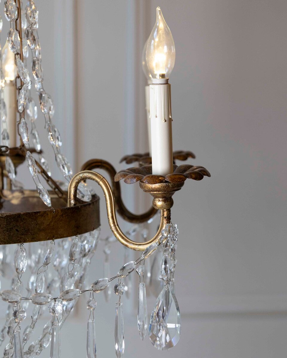 20th-Century Gilt-Iron Six-Light Basket Chandelier with Crystal Drops - JAA
