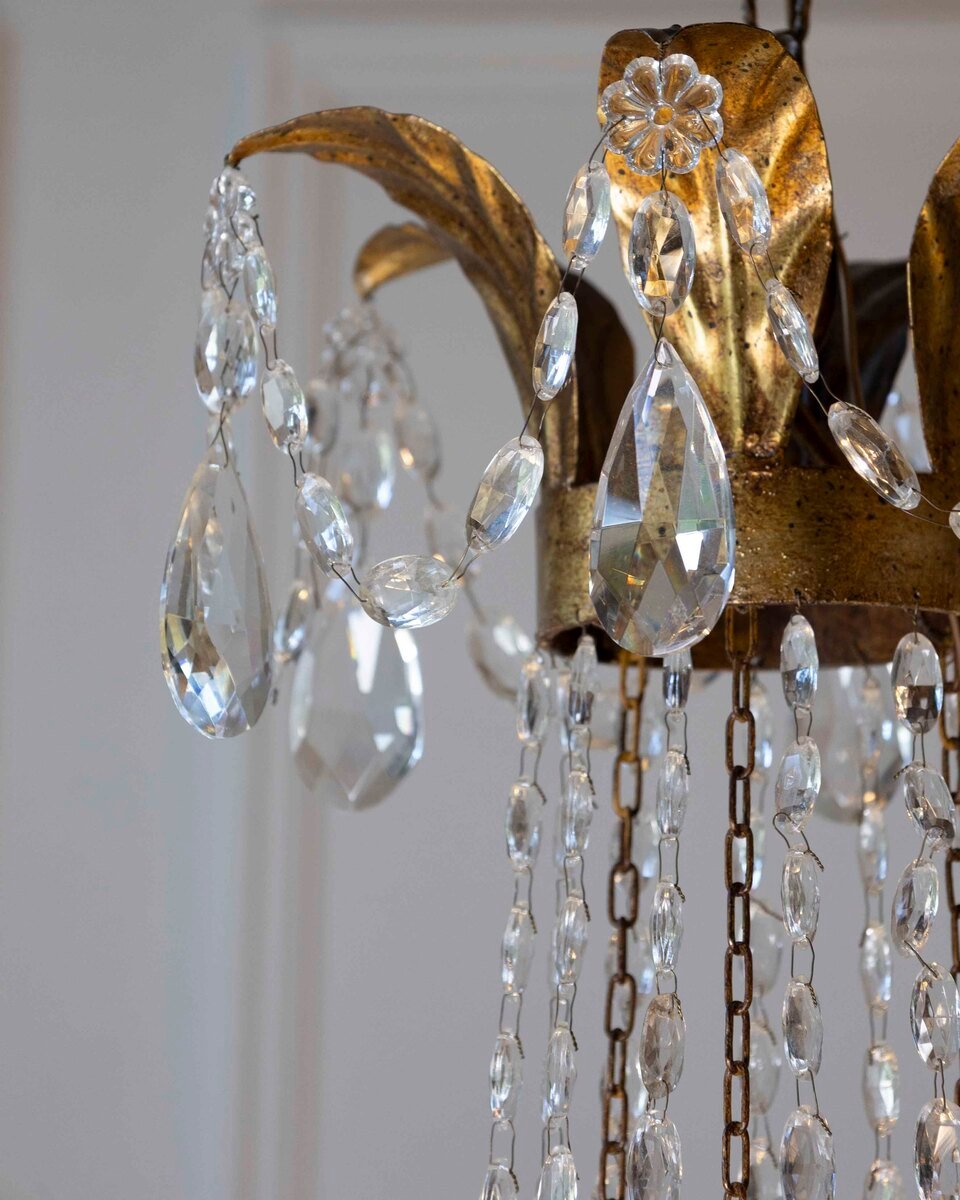 20th-Century Gilt-Iron Six-Light Basket Chandelier with Crystal Drops - JAA