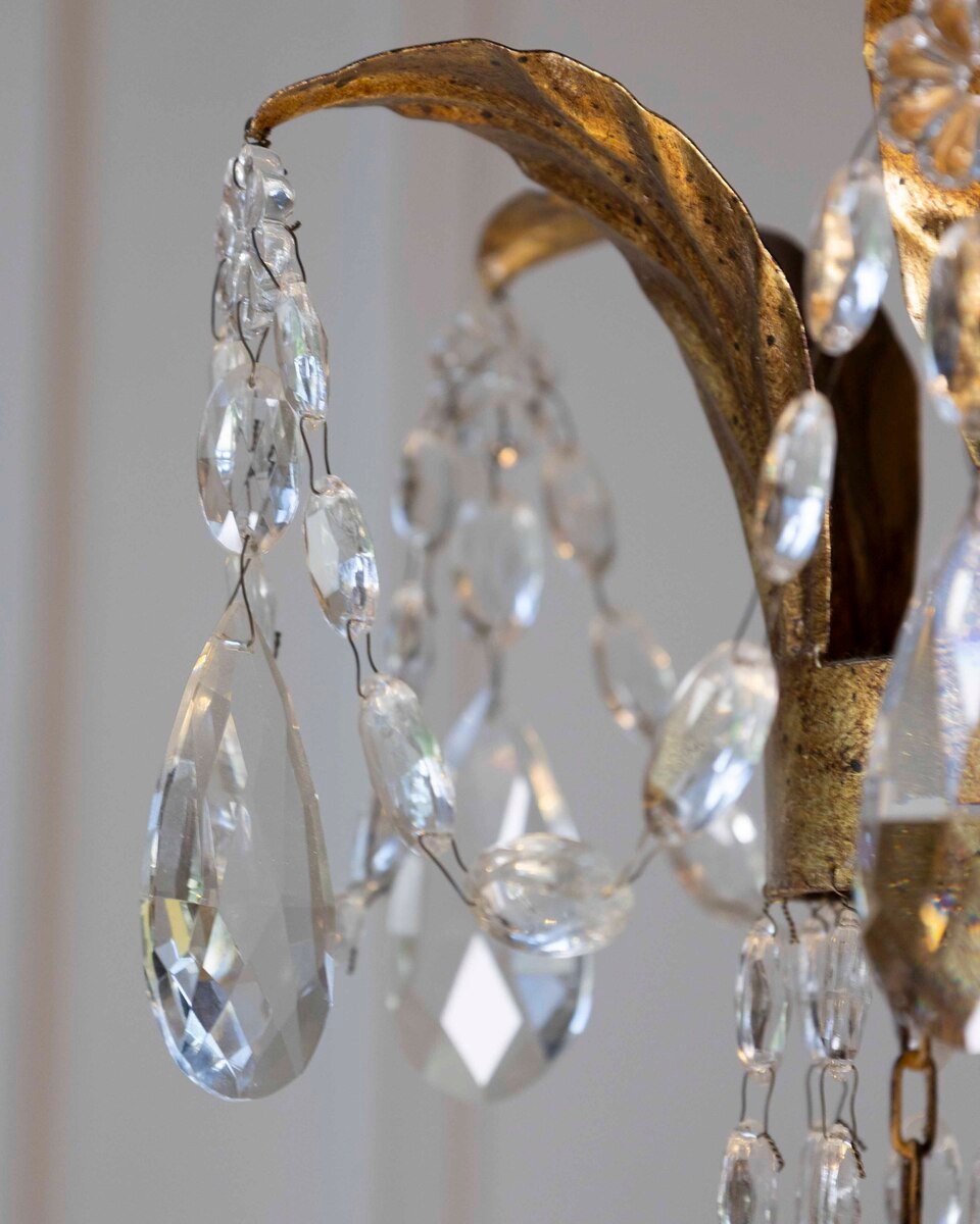 20th-Century Gilt-Iron Six-Light Basket Chandelier with Crystal Drops - JAA