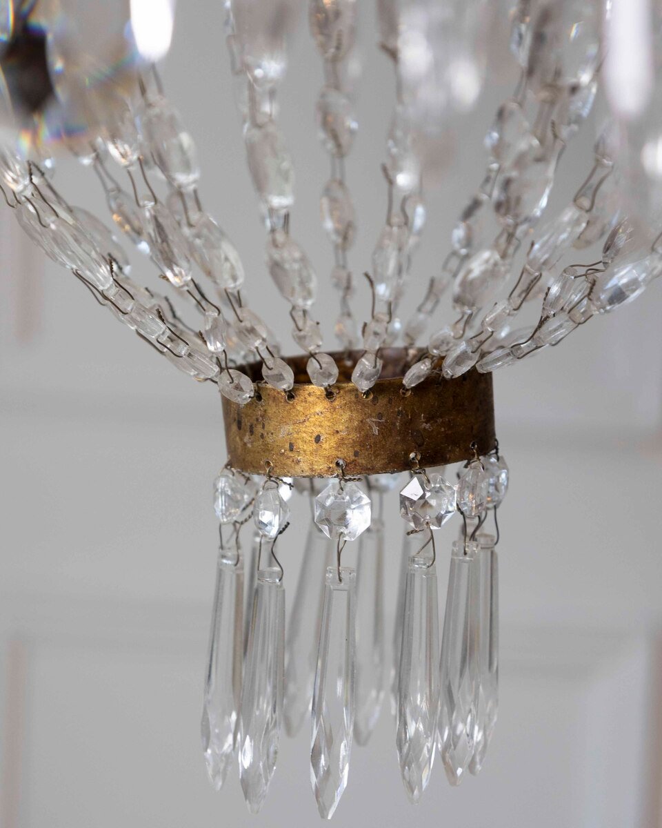 20th-Century Gilt-Iron Six-Light Basket Chandelier with Crystal Drops - JAA