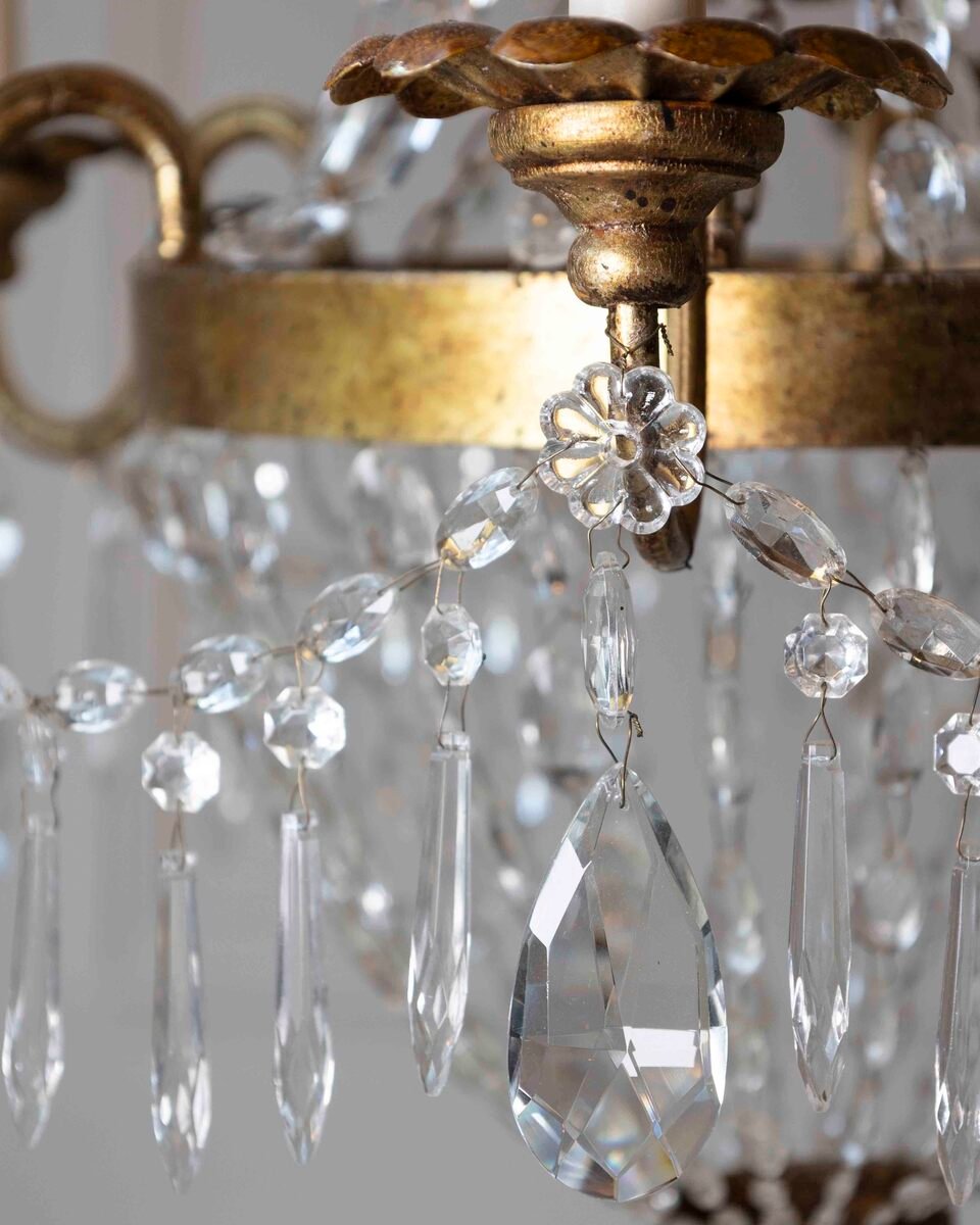 20th-Century Gilt-Iron Six-Light Basket Chandelier with Crystal Drops - JAA