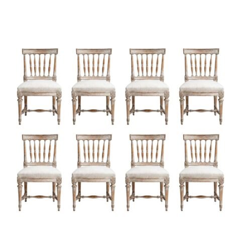 Set of Eight Swedish Gustavian Spindle-Back Chairs in Original Scraped Paint