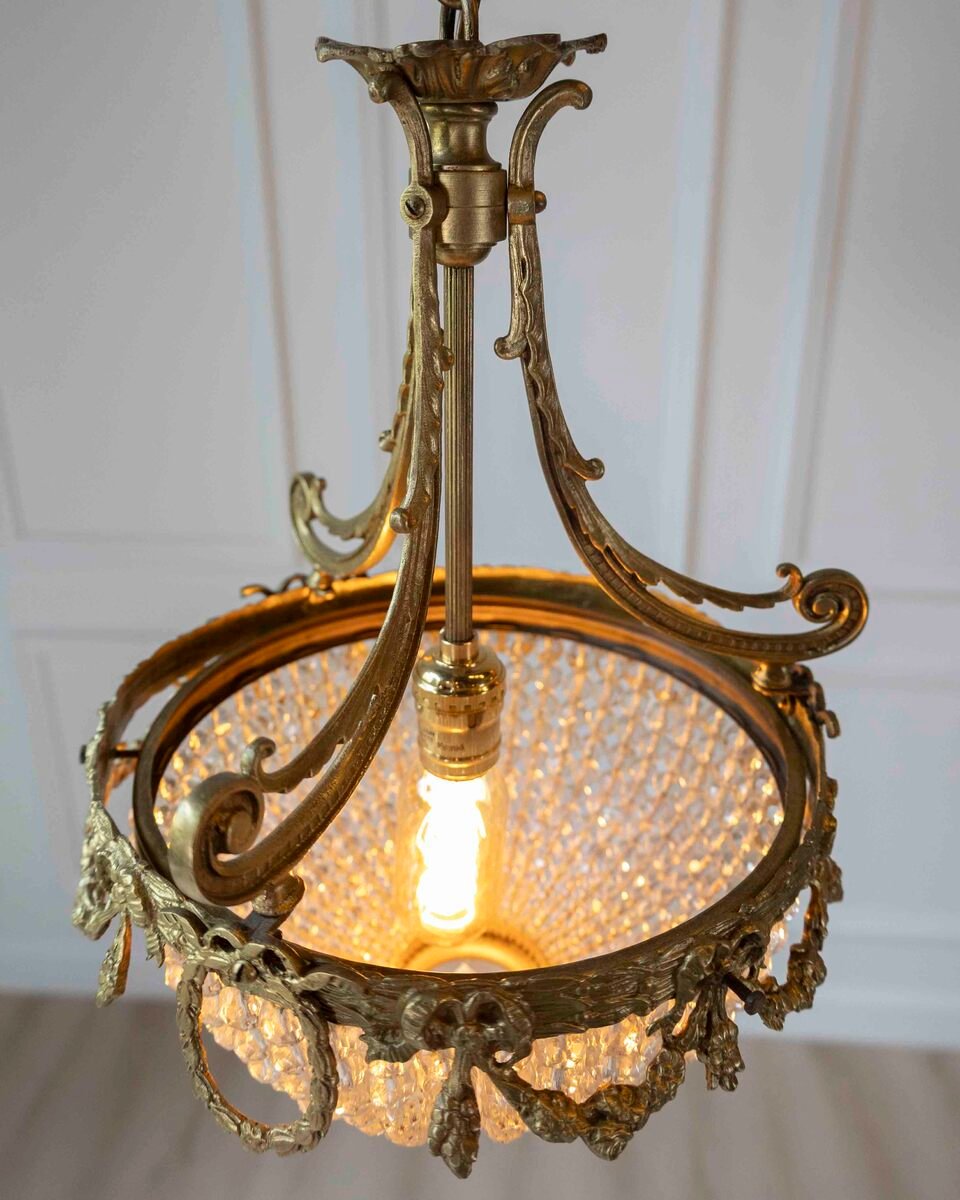 French Bronze and Crystal-Beaded Basket Chandelier, Early 1900s - JAA