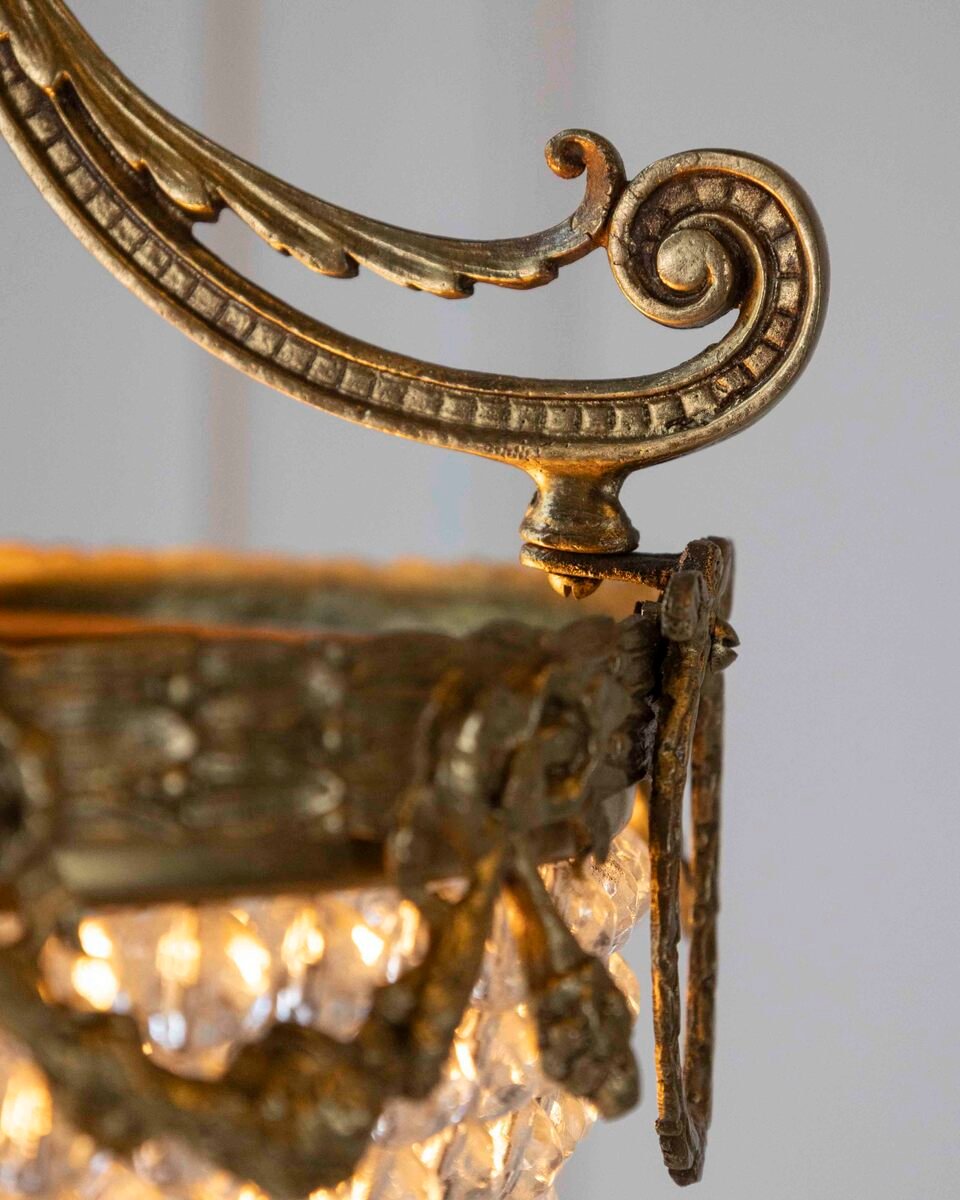 French Bronze and Crystal-Beaded Basket Chandelier, Early 1900s - JAA