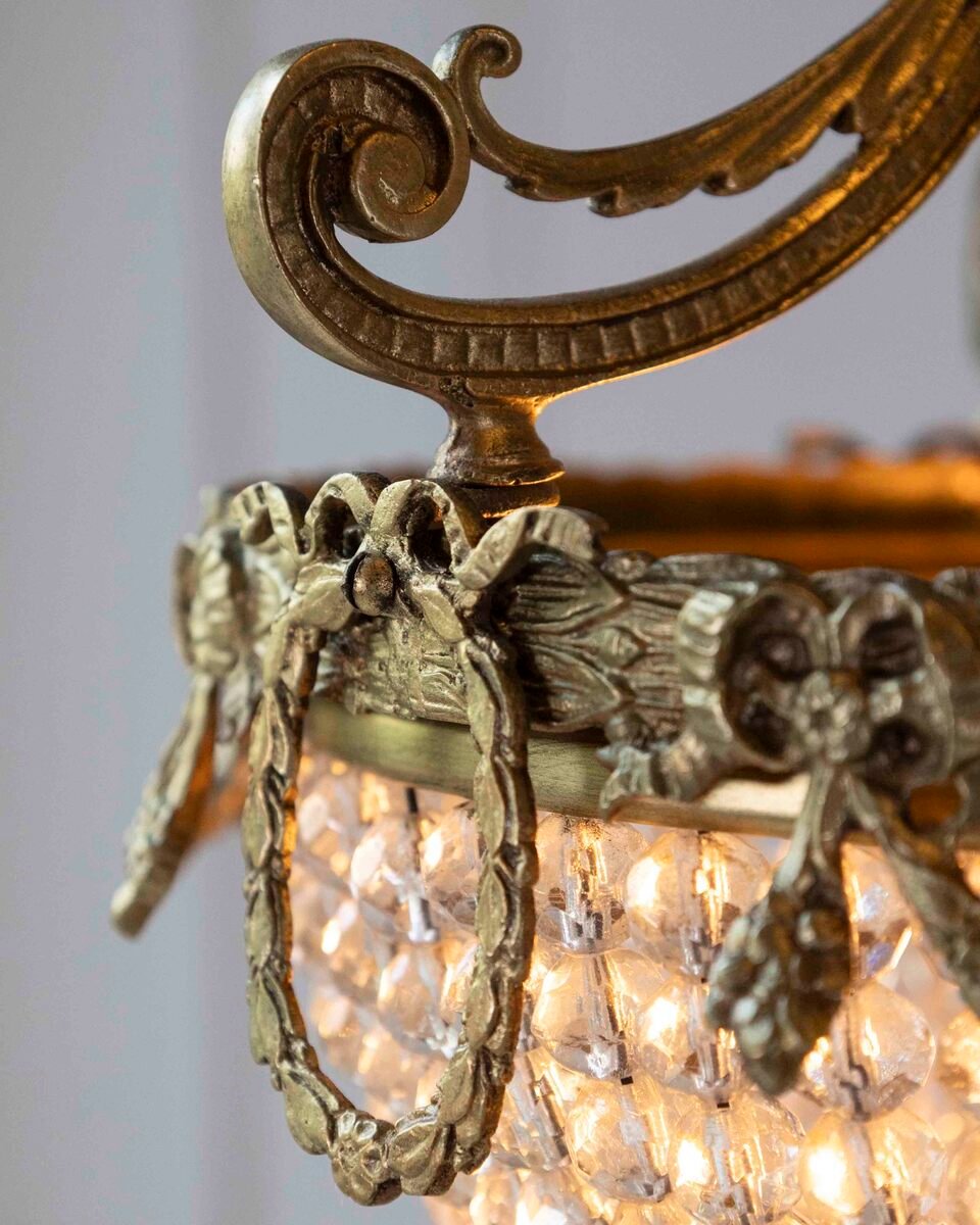 French Bronze and Crystal-Beaded Basket Chandelier, Early 1900s - JAA