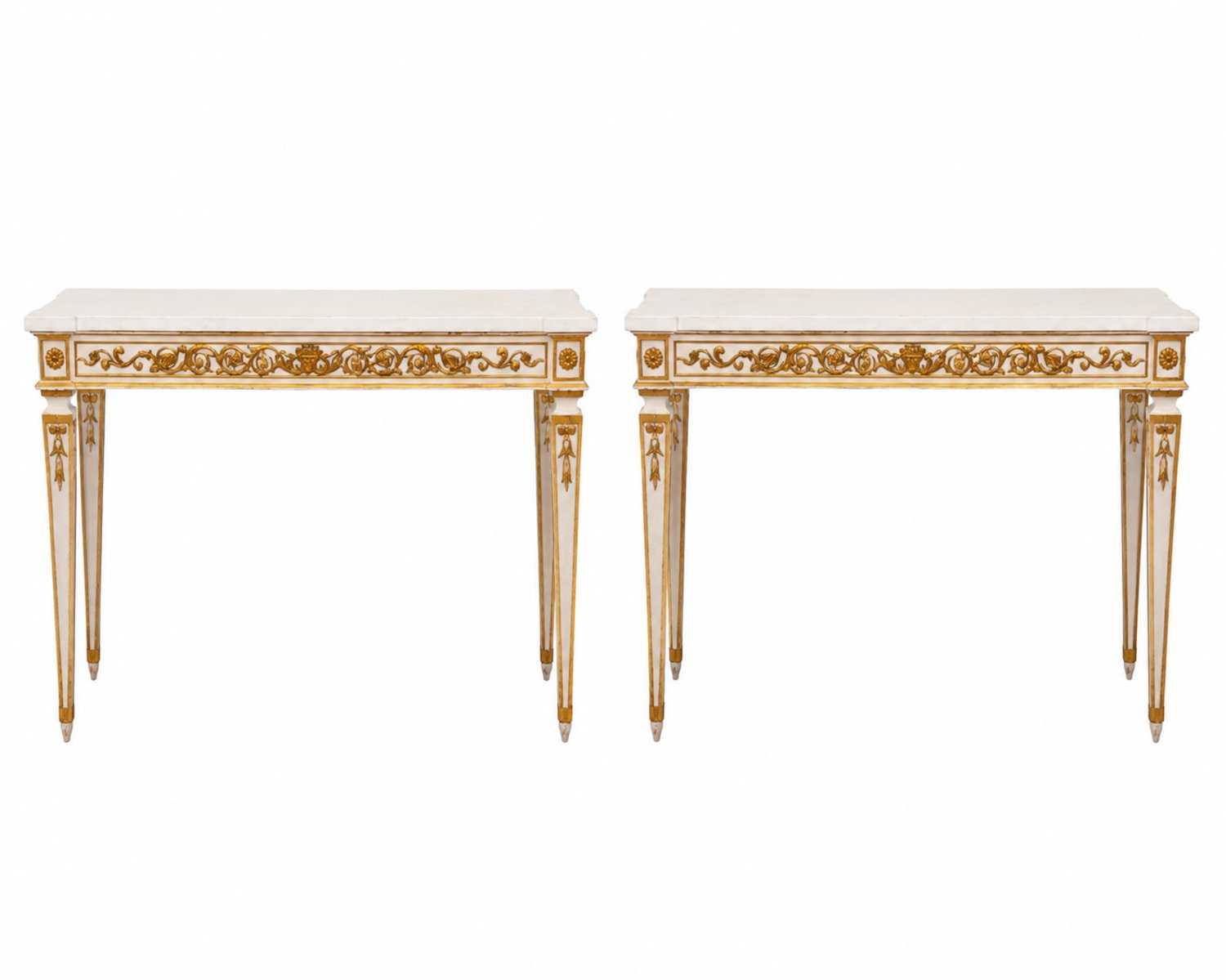 Pair of Italian Neoclassical White Lacquered and Giltwood Consoles