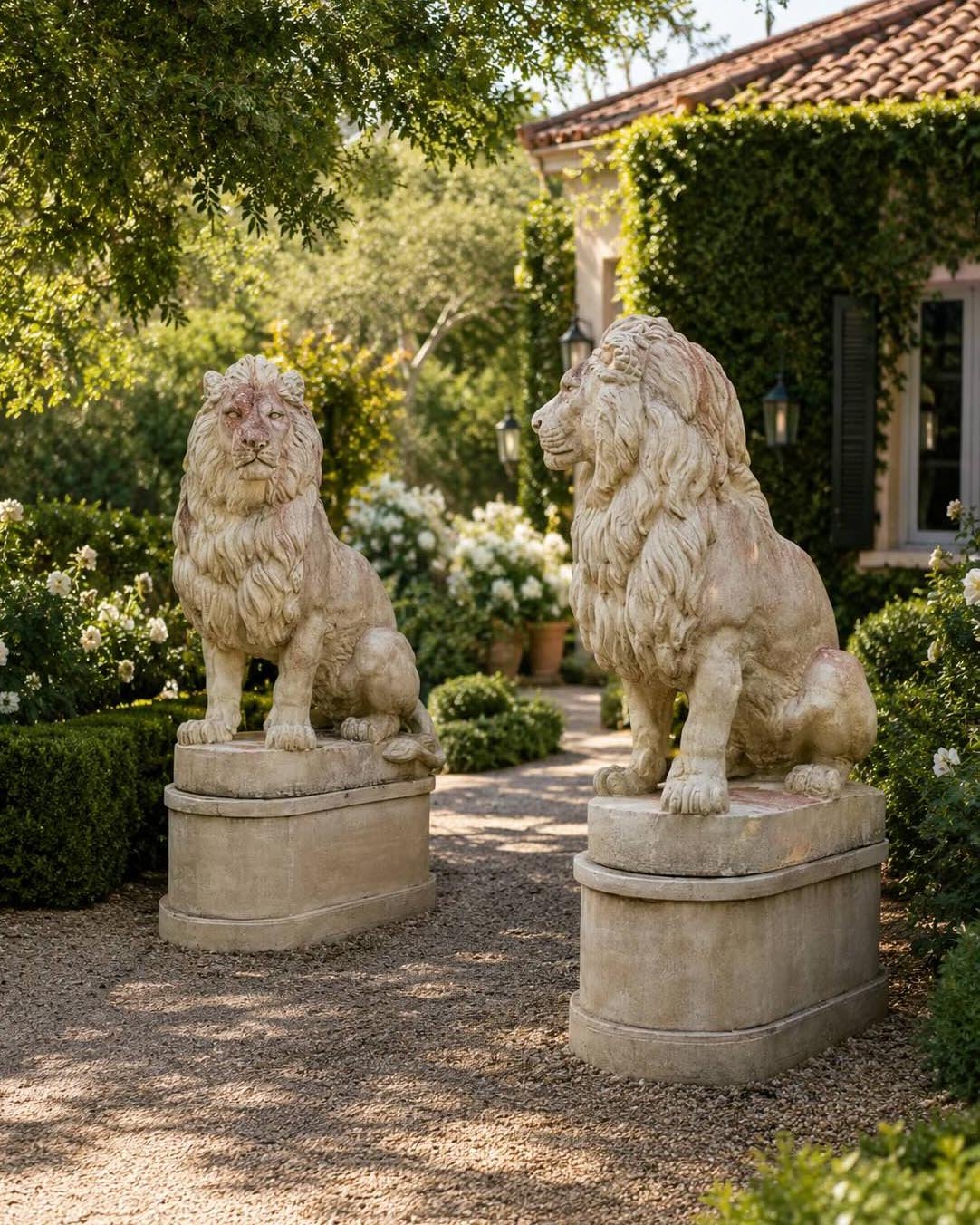 Pair of cast-stone garden lions on pedestals