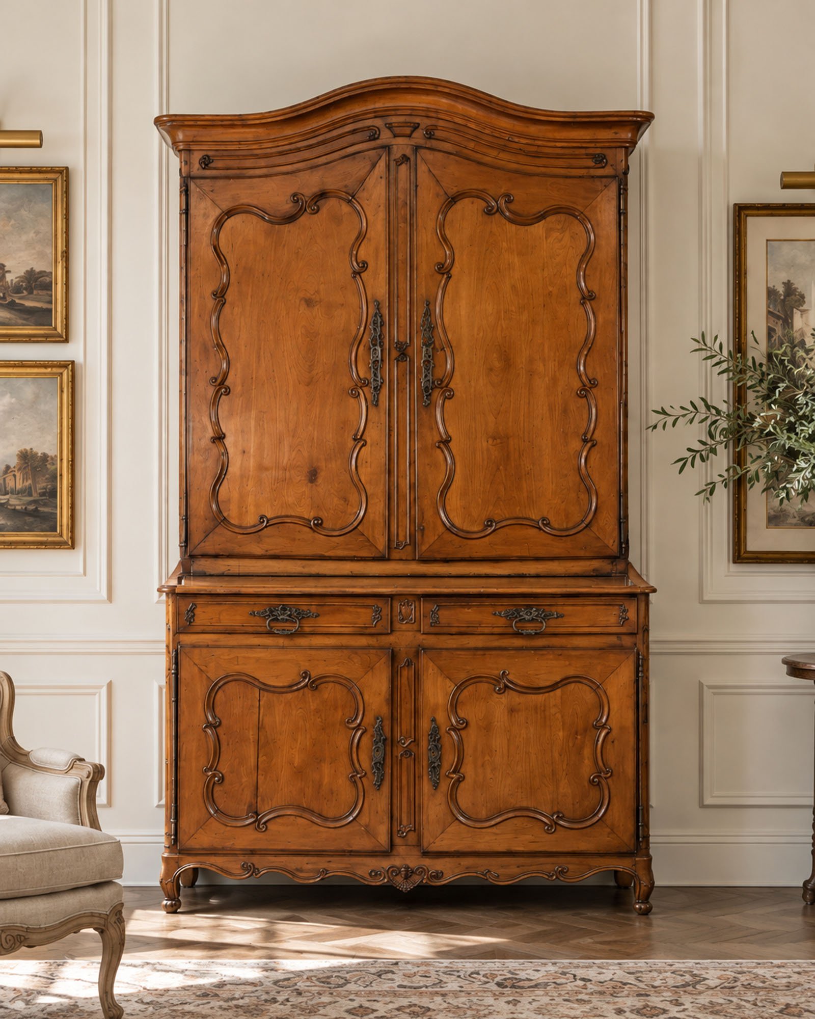French Louis XV walnut buffet deux corps in a paneled room