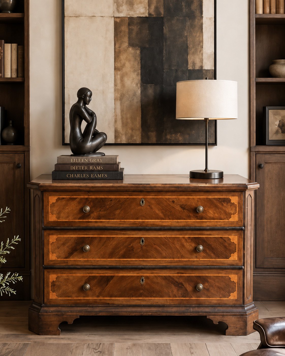 Italian inlaid walnut commode in a library setting