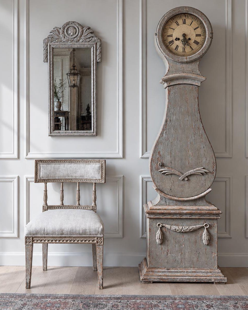 Gustavian painted chair, mirror and Mora clock